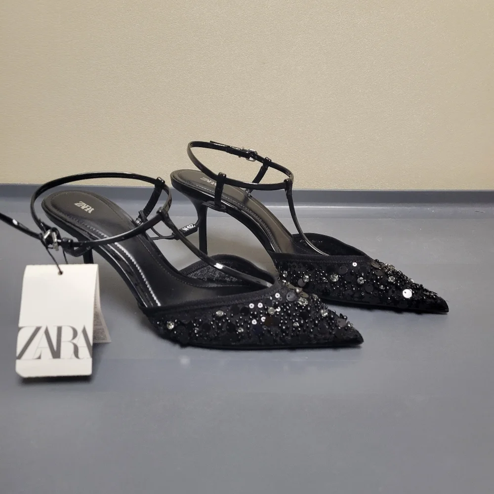 Super Cute Zara Black Embellished Pointed Toe Heels